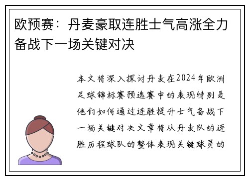 欧预赛:丹麦豪取连胜士气高涨全力备战下一场关键对决