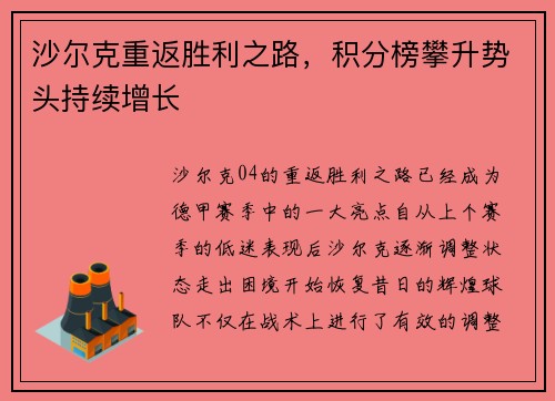 沙尔克重返胜利之路,积分榜攀升势头持续增长