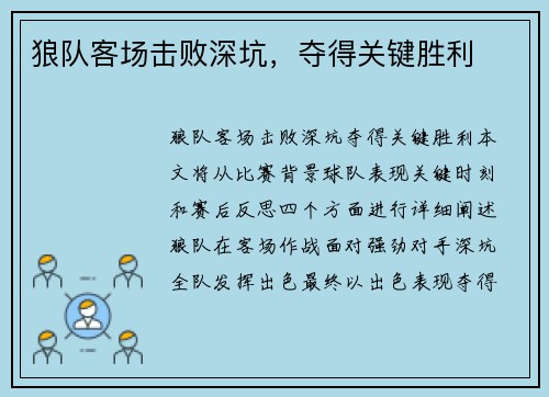 狼队客场击败深坑,夺得关键胜利
