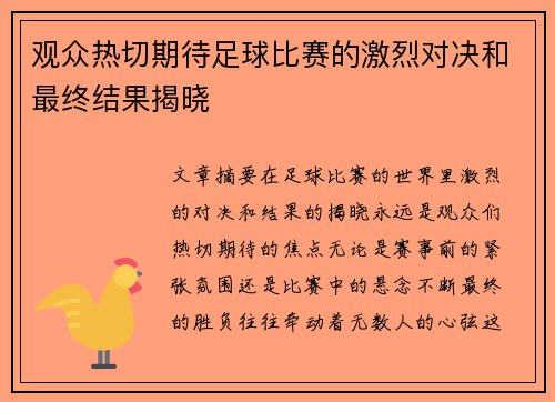 观众热切期待足球比赛的激烈对决和最终结果揭晓