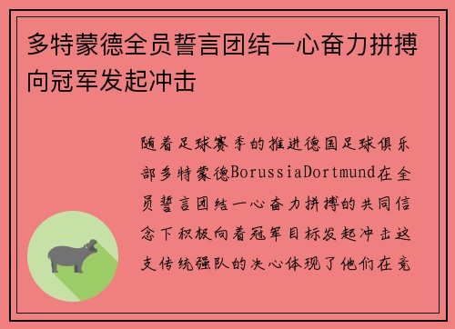 多特蒙德全员誓言团结一心奋力拼搏向冠军发起冲击